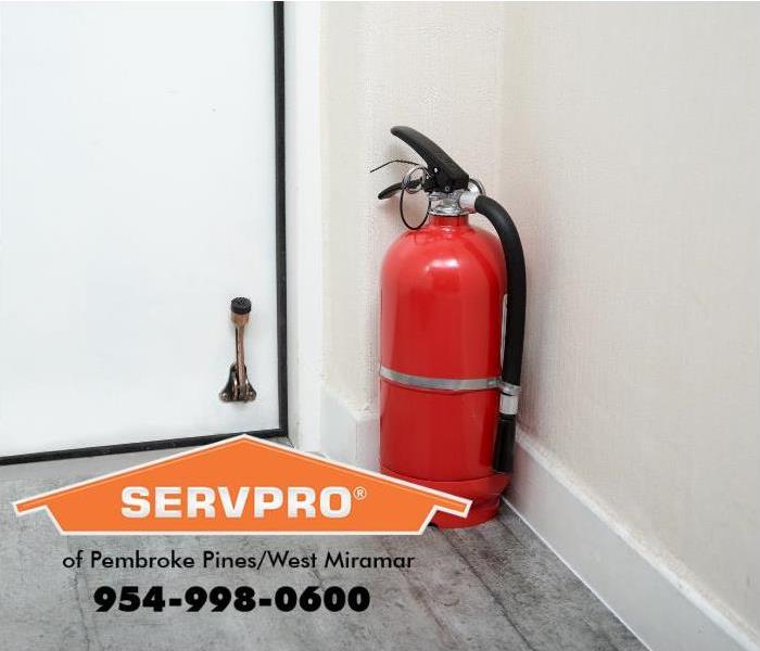 A fire extinguisher is shown in a home. 