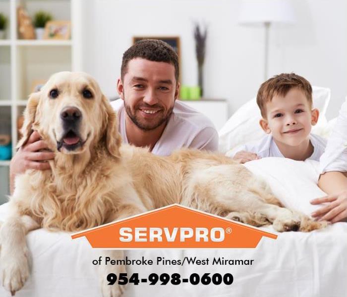A happy father, son, and family dog are smiling in their home.