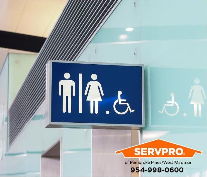Public restroom signs are seen.